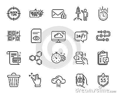 Vector set of Locked app, Cloud upload and Launch project line icons set. Vector Vector Illustration