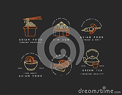 Vector set of logo design templates and emblems or badges. Asian food - noodles, dim sum, soup, sushi. Linear logos Vector Illustration