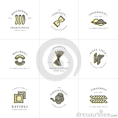 Vector set of logo design templates and emblems or badges. Italian pasta - noodle, macaroni. Linear logos. Vector Illustration