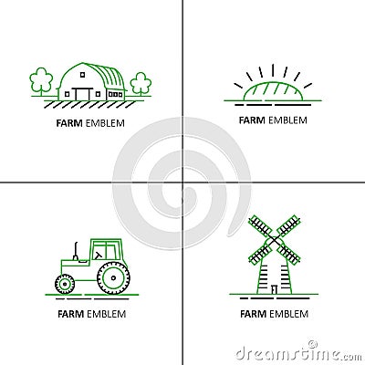 Vector set of logo design templates in green and black linear style - farm symbols. Vector Illustration