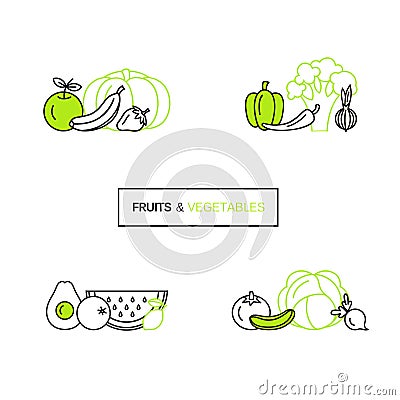 Vector set of logo design templates in line icon style for organic products - fruits and vegetables symbols. Vector Illustration