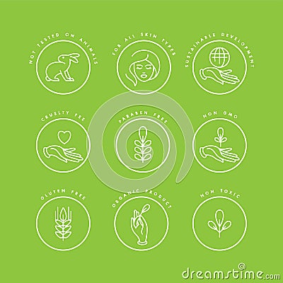 Vector set of logos, badges and icons for natural and organic products. Eco safe sign design. Collection symbol of healthy Stock Photo