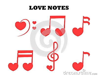 Vector set with love music. Icon of notes with hearts Vector Illustration