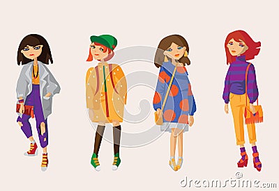 Vector set with lovely hand drawn girls in casual clothes and oversized sweaters and cardigans, boyfriend jeans and sneakers, sock Stock Photo