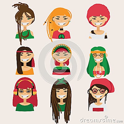 Vector set with lovely rastafarian girls characters. Heads with different hairstyle, color and accessories. Stock Photo