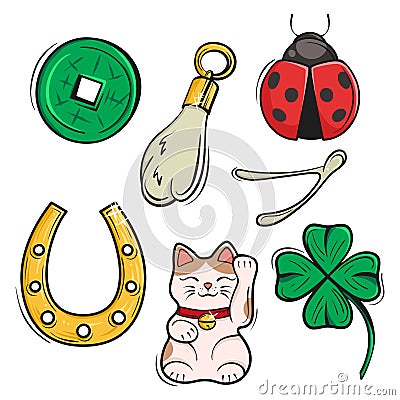 Vector set of Lucky Charms, Symbols and Talismans. Vector Illustration