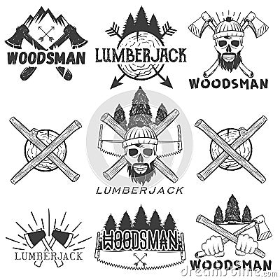 Vector set lumberjack logos, emblems, banners, labels or badges. Monochrome isolated illustration with woodsman, skull Vector Illustration