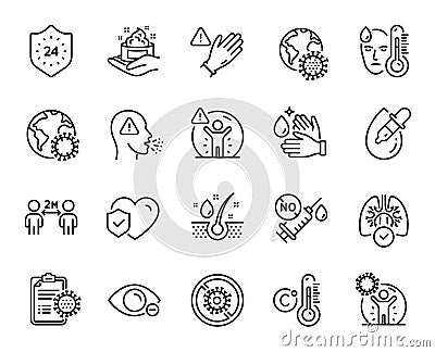 Vector set of Lungs, Coronavirus protection and Myopia line icons set. Vector Vector Illustration