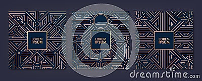 Vector set of luxury cover templates, square line art deco patterns. Fancy design elements planet and moon phases Vector Illustration