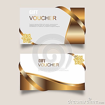 Vector set of luxury gift vouchers with ribbons and gift box. Elegant template for a festive gift card, coupon and certificate. Vector Illustration