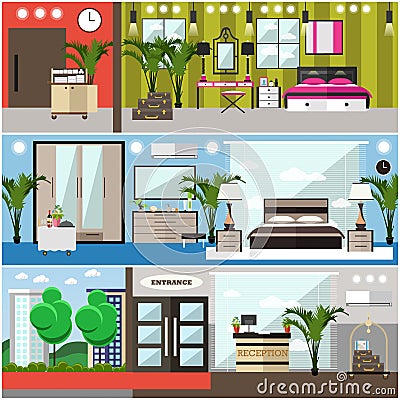 Vector set of luxury hotel interior flat posters, banners Vector Illustration