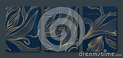 Vector set of luxury leaf gold backgrounds, flower patterns, abstract floral cards. Frames, beauty texture templates Vector Illustration