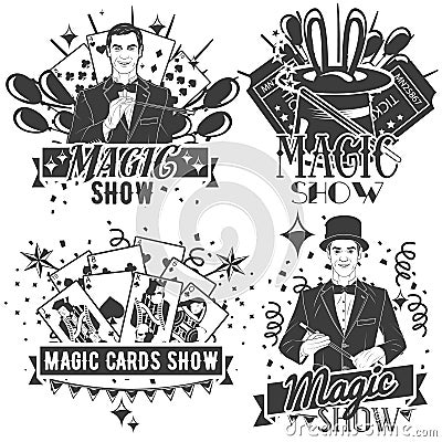 Vector set of magic show labels in vintage style isolated on white background Vector Illustration