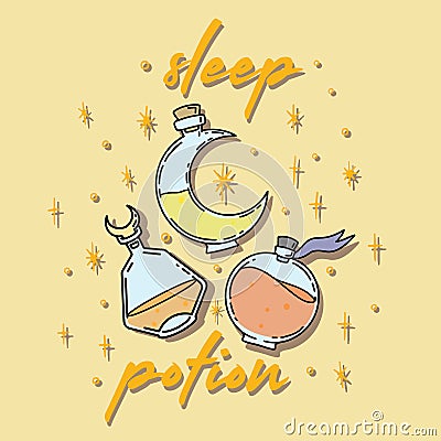 Vector set of magic sleep potions. Magic yellow drink. Halloween, elixir bottle, mystic, witchcraft Stock Photo