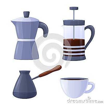 Vector set for making coffee. Cartoon illustration of a coffee maker, cezva, french press, cup. Isolated on a white background. Vector Illustration