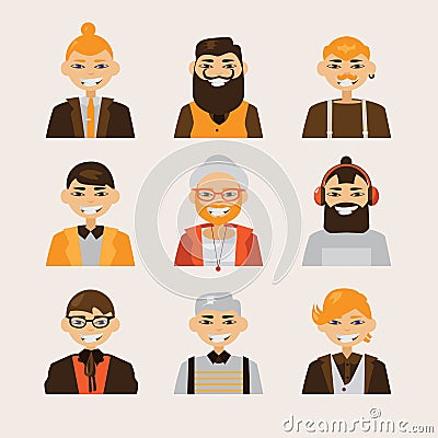 Vector set with male hipster avatars smiling and watching at spectator. Bright characters with various hairstyle and clothes. Stock Photo