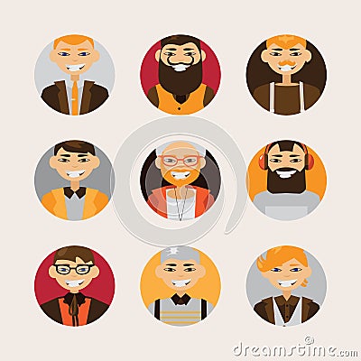 Vector set with male hipster avatars smiling and watching at spectator. Bright characters with various hairstyle and clothes in ci Stock Photo