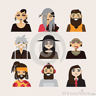 Vector set with male subcultural characters. Rasta, body modification, hipster, goth, visual kei guys. Stock Photo