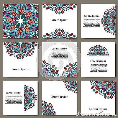 Vector set with mandala. Background abstract circle ornament. Decorative retro element. Invitation card on wedding, birthday. Vector Illustration