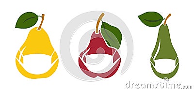 Vector set of masked pears - three varieties of pears - colorful icons on a white background Vector Illustration