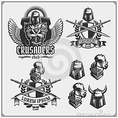 Vector set of medieval warrior knight emblems, logos, labels, badges emblems, signs and design elements. Vector Illustration