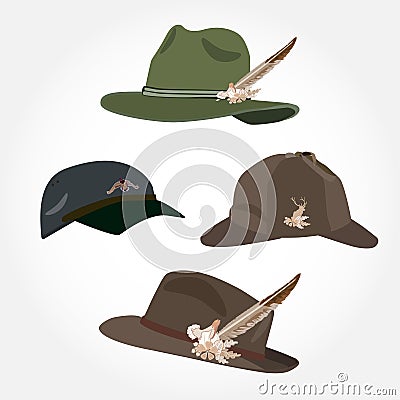 Vector set of men`s hats, deerstalker hat and cap in flat style Vector Illustration