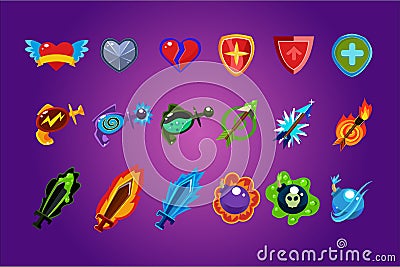 Vector set of mobile game assets. Hearts, defense shields, bottles with poisons magic elixirs, arrows, swords and bombs Vector Illustration