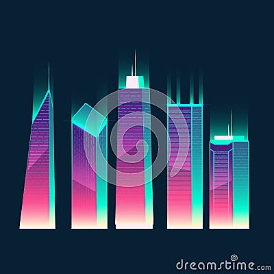 Vector neon multistorey buildings, cartoon skyscrapers set Vector Illustration