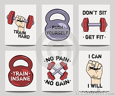 Vector set of modern fitness templates with hands, dumbbells, weight and motivational phrases Vector Illustration