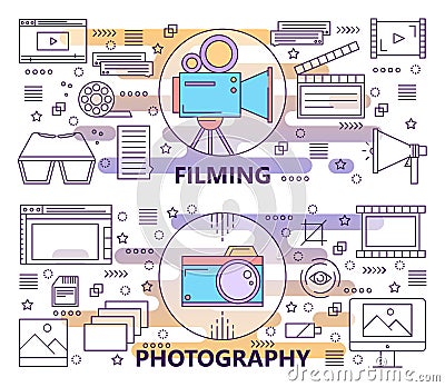 Vector set of modern thin line Photography and Filming banners Vector Illustration