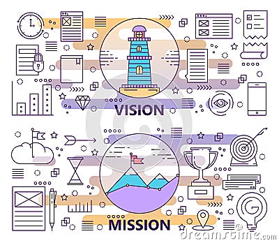 Vector set of modern thin line Vision and Mission banners Vector Illustration