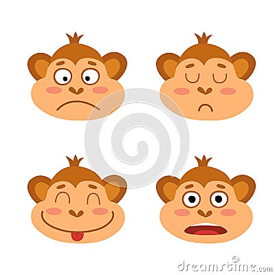 Vector set with monkey emotion faces. Cute little monkeys. Vector Illustration