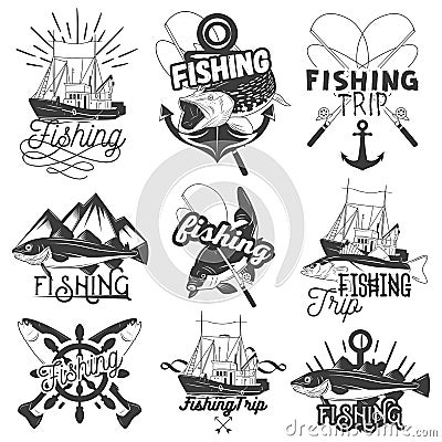 Vector set of monochrome fishing trip emblems. Isolated badges, labels, logos and banners in vintage style with ship Vector Illustration