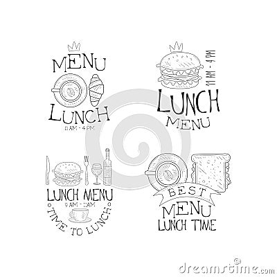 Vector set of monochrome lunch menu logos. Original sketch style emblems with tasty burgers, cup of coffee with sandwich Vector Illustration