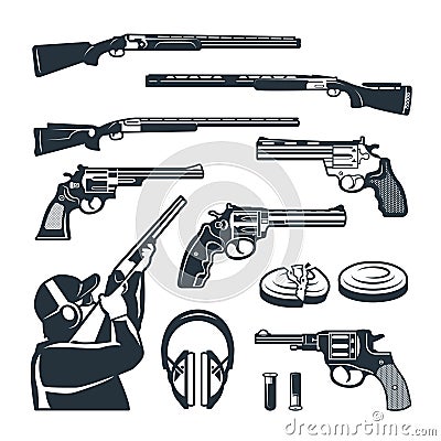 Vector set of monochrome pictures of different weapons and accessories for shooting club Vector Illustration