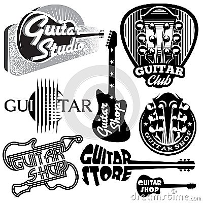 Vector set of monochrome templates for logo on the theme of music and guitar Vector Illustration