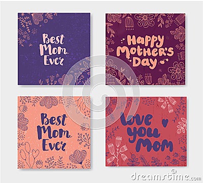 Vector set of Mother s day doodle cards. Hand drawn lettering with flowers. est mom ever, happy mothers day Vector Illustration