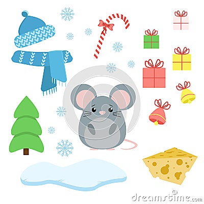 Vector set of mouse with xmas staff: lollipop, gifts, tree, iceberg, hat and scarf, fish and bells. Vector Illustration
