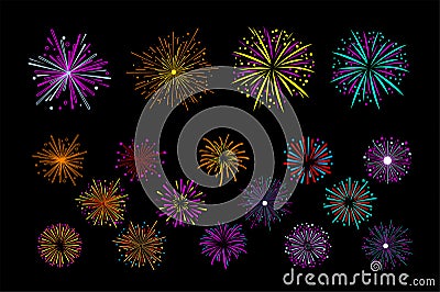 Vector set of multi-colored holiday fireworks. Bright sparkling salute. Decorative elements for festival invitation Vector Illustration