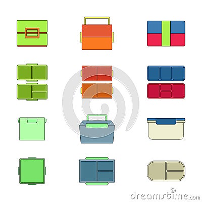 Vector set of multicolored minimalistic lunchbox icons. Colored sketchy illustration of food boxes with a side view and open, on a Cartoon Illustration