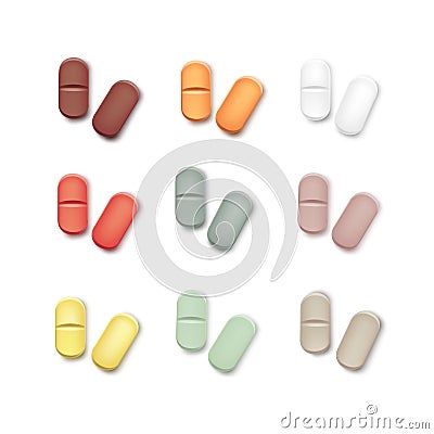 Vector Set of Multicolored Pills Isolated on White Vector Illustration