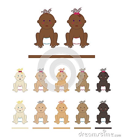 Vector set of multinational babies sitting on all fours. Cartoon characters of curly toddler boys and girls with different skin, Vector Illustration