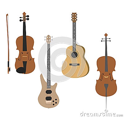 Vector Set of Musical Instruments violin, guitar, bass guitar, cello. Vector Illustration