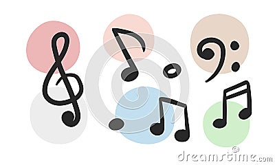 Vector set of musical notations. Treble clef, bass clef, eighth note, quaver, sixteenth note, semiquaver musical symbols Vector Illustration