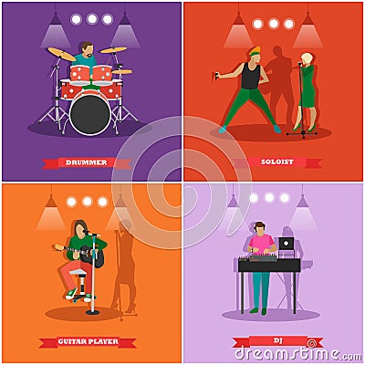 Vector set of musician and singers. Music rock band concept banners. Vector Illustration