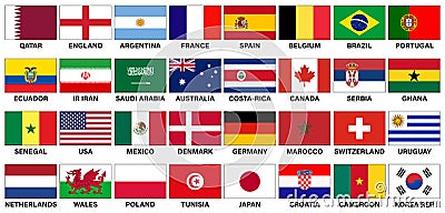 Vector set of national flags of the participating countries of the World Football Championship 2022. 32 flags divided into groups Vector Illustration