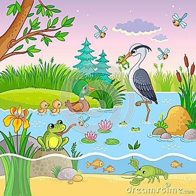 Vector set with nature and animals in the children`s cartoon style. Stock Photo