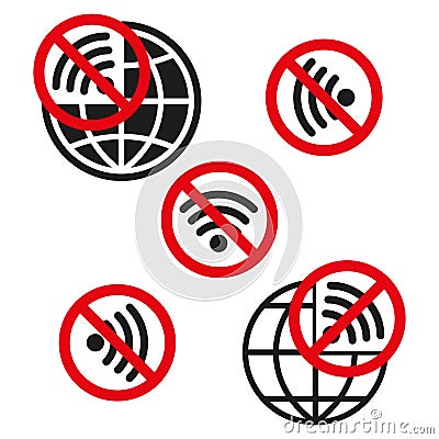 Vector set of network restriction symbols. No Wi-Fi, no global connection. Monochrome connectivity icons. Vector Illustration