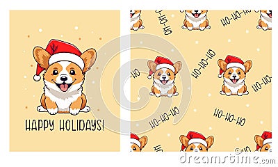 Vector set new year card and seamless pattern. Cute corgi in santa claus hat, happy vacations caption. Printable print Vector Illustration