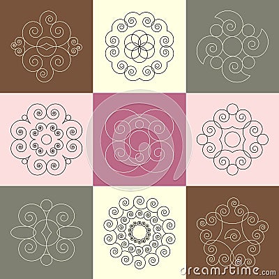 Vector set of nine round snail spiral calligraphic ornaments Vector Illustration